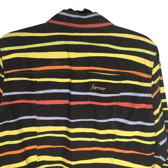 Unique Denim Jacket Womens Medium Black Multicolor Striped Embroidered Happiness - Picture 7 of 16